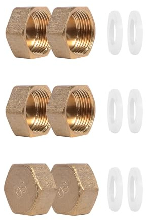 Funnytek 6 Stück 3/4 Zoll Blindstopfen Schlauchkappen Verschlusskappe | Blindstopfen Wasserleitung, Messing Kappe, Rohrkappe Endkappe Gewindefitting für Garten Wasserleitung mit Sealing Rubber Ring