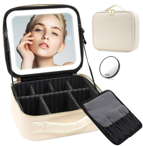 Reisekosmetiktasche mit beleuchtetem Spiegel, unterteilbare Kosmetiktasche Kosmetiktasche mit 3 Farbmodi dimmbaren Lichtspiegel, wasserdichte PU Leder Make up Organizer Tasche