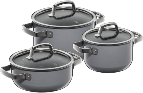 WMF Fusiontec Mineral Topfset Induktion 3-teilig, Kochtopf Set mit Glasdeckel, High-Tech Keramik, backofenfest, kratzfest, Made in Germany, spülmaschinengeeignet, Platinum