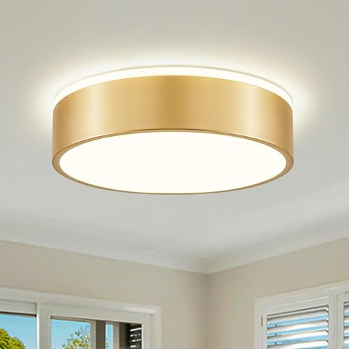 Peblto Dimmable Gold LED Ceiling Light, 2700K-6000K 5CCT in One Modern Flush Mount Ceiling Light Fixtures, Minimalist Round Metal Ceiling Lamp for Bedroom Kitchen Hallway Laundry Room-11.8in