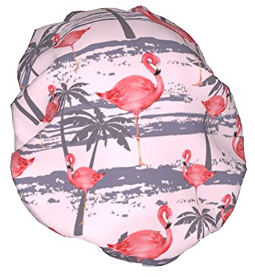 Flamingo Palm Art Pink Duschhaube für Damen, wasserdicht, wiederverwendbar, PEVA-Futter, verstellbarer elastischer Saum für alle langen Haare, Bademütze