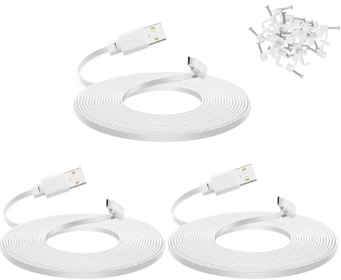 Smays 20 ft Cable for WYZE Cam Pan v3 Camera, Long Micro USB Flat Power Cord, 90 Degree 3-Pack, White