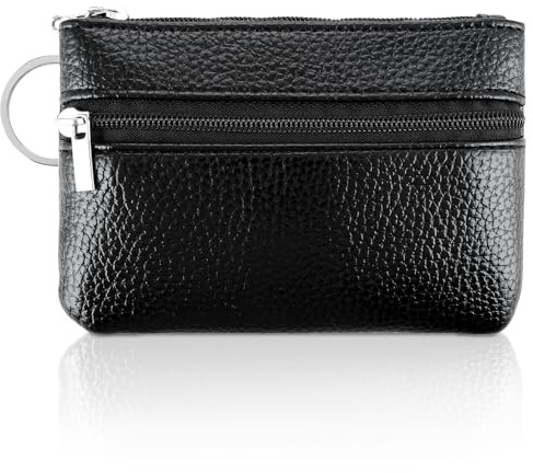 Coin Purse Teaaha Genuine Leather Zip Top Change Pouch with Zip Key Ring Portable Coin Pocket Wallet for Women Men Kids Credit Card Id Key Headset Lipstick (Black)