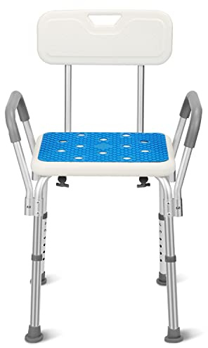 Yakimz Duschpall med ryggstöd och armstöd, duschstol justerbar höjd 41–53,5 cm, halkfri och stabil badpall för åldrar, gravida kvinnor