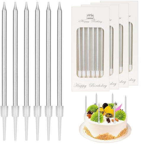 24 Stück Geburtstagskerzen Kuchen Silber, Kerzen Geburtstag | Dünn und Lang, Geruchsfrei, Mit Ständer, für Dekorative Geburtstag Hochzeit Party, Geburtstagskerzen für Torte(Silber)