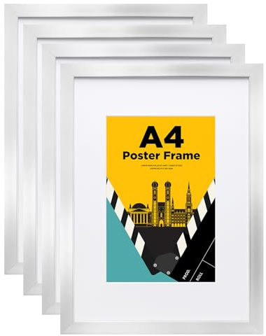 Egofine Bilderrahmen A4, Holzrahmen Rahmen mit Acrylglas, A4 Posterrahmen für Tisch- und Wandmontage, Horizontale oder Vertikale Wandmontage, Perfekt für Fotos, Poster, Zuhause, Büro, Silber, 4er
