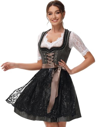 ELFIN Damen Midi Dirndl Elegante Trachtenkleid Dirndlkleid Trachtenmode Kleid für Oktoberfest inkl. Spitzen Dirndlschürze Gr. 34-46 - 50CM