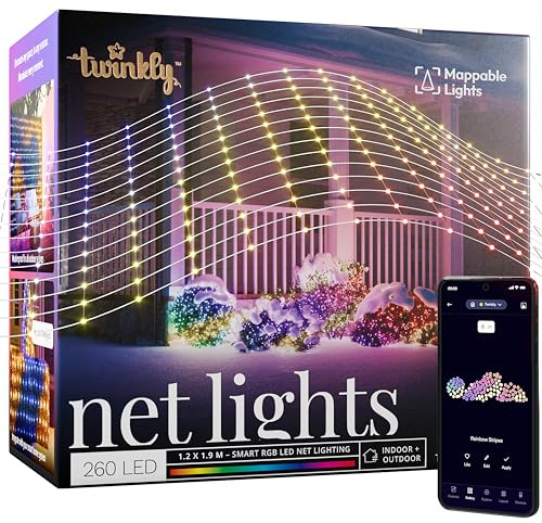 Twinkly Net Lights, Flexible LED Grid with 260 Mappable RGB LEDs, Indoor and Outdoor Light Strip, Smart Lights, Compatible Alexa, Google Home, IP44, App Controlled, Transparent Wire, 1.2m x 1.9m