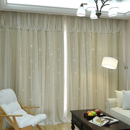 Beydodo Vorhänge Schlafzimmer 2er Set 86x138CM, Gardinen Haken Beige Lichtdurchlässig Fantastisch Doppellagig mit Sternen Motiv Vorhang Halbtransparent Polyester Wohnzimmer Kinderzimmer
