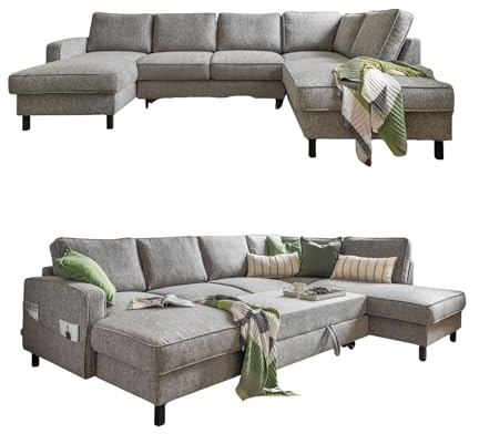 MIUFORM Molly U mit Bettkasten | limitierter Polsterstoff | 8 Sitzer Ecksofa | L-Form rechts | 298 x 198 x 88cm Couch | Klappsofa mit Schlaffunktion | Schlafsofa klappbar (Grau) | Schlafsofa mit Bettkasten, Ecksofa mit Schlaffunktion, Sofa U Form mit Chaiselongue, 298 x 198 x 88 cm Eckcouch, Big Sofa Bed