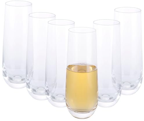 Oungy Lot de 6 flûtes à champagne sans pied en cristal de 280 ml, flûtes à champagne transparentes, flûtes à prosecco, verres à vin pour jardin, mariage, anniversaire, fête, anniversaire de mariage