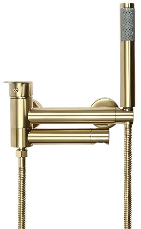 HUSPOO Badewannenarmatur mit Handbrause, 90° Drehbaren Auslauf Wandmontage Badewannenhahn, Badewannenarmatur mit Thermostat, Wasserhahn für Badezimmer (Gold)
