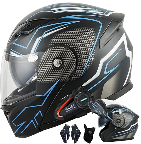 Modularer Helme Bluetooth-Motorradhelm mit Zwei Lautsprechern,MotorradIntegralhelm für Männer und Frauen, ErwachseneKlapphelm mit Doppelvisier, DOT/ECE-geprüft, M–XXL