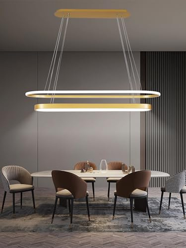 Moderne Ovale Esstisch Pendelleuchten LED Hängeleuchte Dimmbar Deckenleuchte mit Fernbedienung Höhenverstellbar Schlafzimmer Doppelte Hängend Lampen für Büro Küche Bar Esszimmer Deckenlampe (Gold)