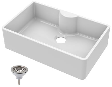 Balterley 795mm Butler White Kitchen Sink, Single Bowl with Tap Ledge & Waste, No Tap Hole, Durable Butler Fireclay Ceramic Kitchen Sink Bowl, Apron Front Farmhouse Sinks - 795 x 500 x 220mm (White)