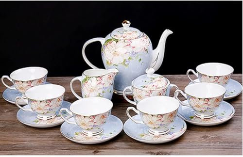 VNGBFGDFVN Juegos de té de Porcelana para Adultos, Tazas de café Vintage de Porcelana Azul y Blanca, de 6 Piezas, con Tetera y Cuenco
