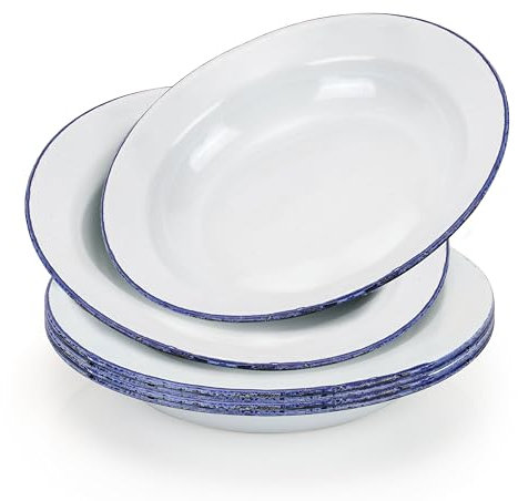 Aramanara 6 piatti tradizionali smaltati, grandi piatti da portata profondi, stile retrò, rotondi da 24 cm, corpo bianco con bordo blu, per insalata, pasta, campeggio