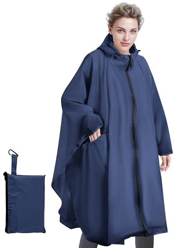 Sensong Poncho Réutilisable Imperméable Femme Unisexe - Capuche, Fermeture Éclair - Pour Randonnée Camping Vélo Bleu Marine