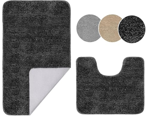 Ceneco Badezimmerteppich Holzkohle rutschfeste Badematte Set 2 Teilig | Diese 2,5cm, Hervorragende Saugfähigkeit, TPR-Unterseite, Maschinenwaschbar, Toilettenvorlage, Badewannenmatte