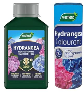 Westland Hydrangea Feed 1L & Hydrangea Colourant 500g Set Fertiliser plant food for Healthy Growth Vibrant Flowers Boosts Bloom Size Turns Pink Hydrangeas into Blue for borders pots and container