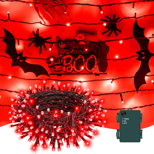 Halloween Lichterkette Außen Batterie, Isisyu 3M 30 LED Rot Lichterkette Batteriebetrieben mit 6 Stunden Timer, IP65 Wasserdicht Halloween Deko für Spinnenetz, Spukhaus, Hof, Horror Party, Weihnachten