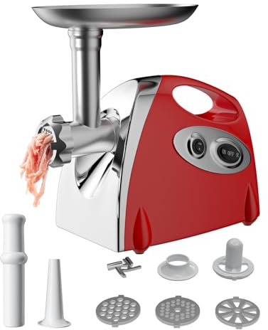 Picadora de Carne, 2800W, 3 Discos de Corte, Accesorios para Dar Forma a Embutidos, Picadora de Carne Eléctrica para Picar Carne y Hacer Embutidos (Rojo)