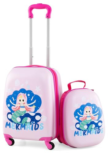 COSTWAY Valise Enfants à roulettes 16'' avec Sac à Dos 12'' (Rose Sirène) | Bagage Enfants avec Poignée Télescopique, Motif Voiture d'avion, 4 Roues Rotatives, Lot de 2 pour Fille Garçon