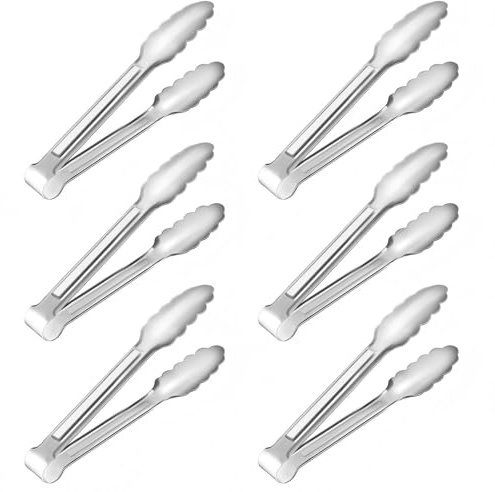 ooylvtx 6 Pack Serving Tongs Kitchen Tongs, Buffet Tongs, Stainless Steel Food Tong Serving Tong, Small Tongs (6, Silver, 7inch)