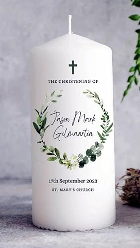 Church Candle, Size 8 x 3 diam, for Him, Baby Boy, Christening, Personalised Gift by Cellini Candles