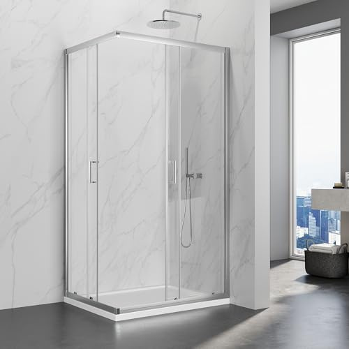 SIRHONA Cabina doccia 70x90x195 cm scorrevole a doppia apertura, porta doccia in vetro a due pannelli fissi con vetro trasparente da 5 mm, regolabile su un lato 20 mm