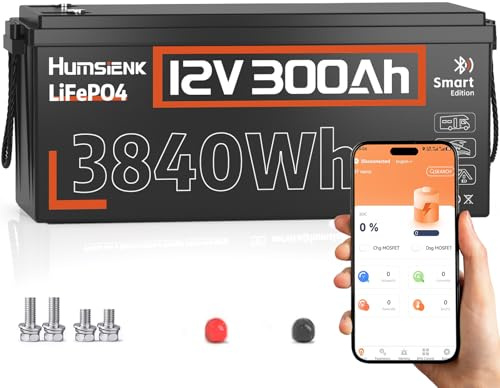 HumsiENK 12V 300Ah LiFePO4 Battery, 3840Wh Lithium Leisure Battery with Bluetooth, Built in 100A BMS & Low-Temp Protection, for Solar,Fish Finder,Lighting,Home Backup