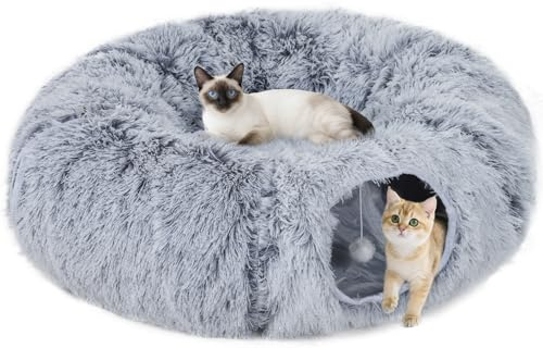 PawHut Cat Tunnel for Indoor Cats, 90cm Large Donut Play Tunnel Bed with Washable Cushion, Toy Ball and Door Hole, Pet Play Rabbit Tube Toy, Light Grey