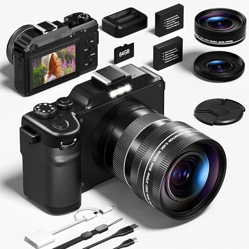 Cámara Fotográfica 5K 64MP con Tarjeta 64GB WiFi, Autofoco, Selfie Compacta Digital Camara de Fotos con Objetivo de Ángulo Ancho y Macro, Cámara de Vlog para Principiantes y Youtube