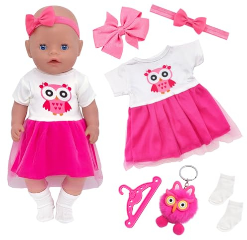 6 Stück 35-43cm Baby Puppenkleidung, Tierische Elemente Puppenkleidung Outfit, 2 Haarschmuck mit Schleife, 1 Rock, 1 Eulenanhänger, 1 Paar Socken, 1 Kleiderbügel, Puppenkleidungsset für Mädchen
