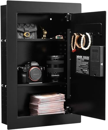 VEVOR Coffre-fort Mural, Armoire Forte Dissimulée à 3 Niveaux, Déverrouillé par Empreintes Digitales, Clavier et Clé, Boîtier Encastrable en Acier Laminé à Froid, avec Étagères Réglables et Porte-clés