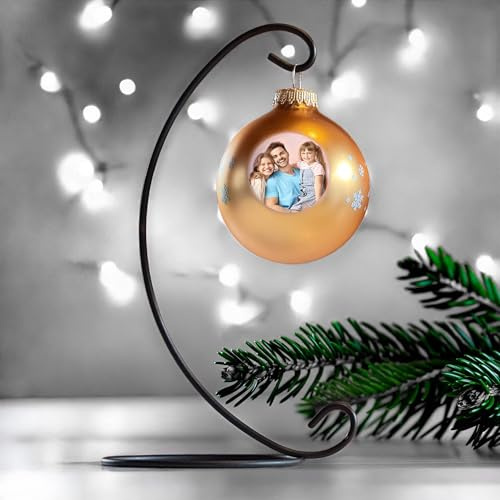 Contento - Personalisierte Weihnachtskugel aus Glas – Mit Foto, Name Bedruckt, persönliche Christbaumkugel, Weihnachtskugel mit Bild, Weihnachtsdeko (goldfarben, Einzelkugel+Ständer)