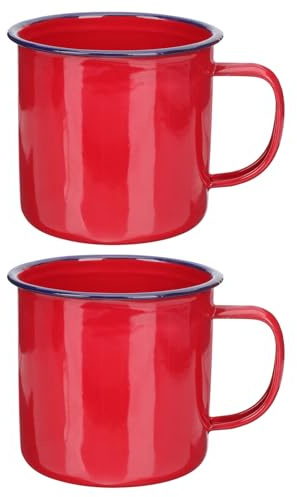 Veemoon Lot de 2 Tasses Émaillées Anciennes 500 Ml Design Rétro Vintage Résistantes à la Chaleur en Émail Rouge 9 CM pour Thé Café la Cuisine et Usage Quotidien
