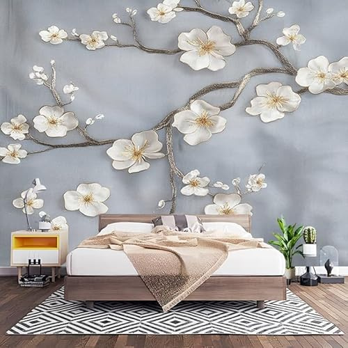 Vlies Fototapete Kinderzimmer 450x315 cm WeißE Luxusblume Vliestapete XXL Wandtapete 3d Effekt Wand Dekoration Grau Mustertapete für Wohnzimmer Schlafzimmer Küche