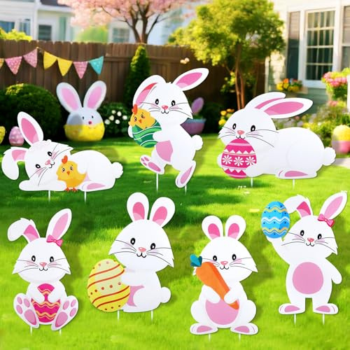YiYa 7 Pieces Easter Yard Signs Decorative Easter Rabbit Yard Stakes Waterproof Easter Garden Signs for Spring Party and Outdoor Garden