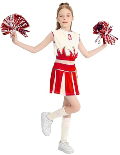 Cheerleader Kostüm Kinder Mädchen Kostüm Cheerleader mit Pompoms Socken Cheerleading Uniform Kleid für Karneval Halloween Cosplay, 5-13 Jahre