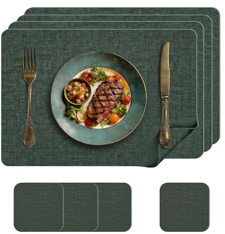KitchenBoss Tovagliette Americane Lavabili e Sottobicchieri in Similpelle, Set da 4 Tovagliette Colazione Tovaglietta per Uso in Cucina, Sala da Pranzo e Ufficio, Verde, 43x30 cm