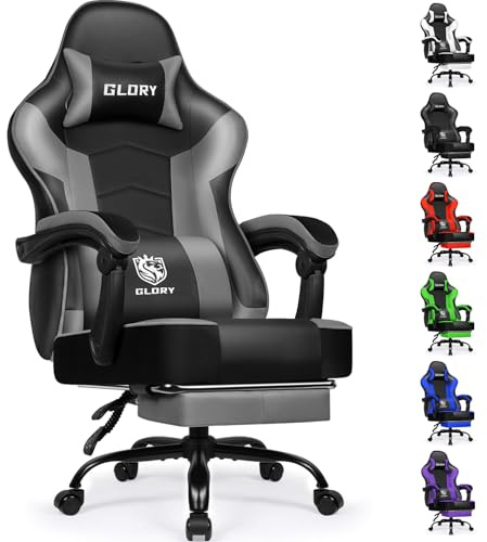 minnouat Gaming Stuhl Ergonomischer mit Fußstütze, Gaming Chair Bürostuhl 150 kg Belastbarkeit, Gamer Stuhl aus Kunstleder, 360° leise Rollen, PC Zockerstuhl für Jugendliche Erwachsene, Grau