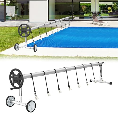 TATIVALO Pool Aufroller 3-5,7m Verstellbar, Aluminium Poolfolienaufroller mit Rädern & Befestigungsbändern, Poolfolienaufroller für Solarplane & Poolabdeckung