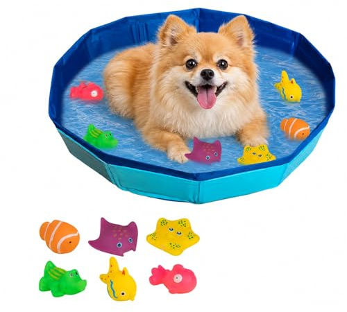 Piscine pour Chien Pliable, Pataugeoire Étanche Anti-Dérapante pour Petit Chien et Chat avec 6 Jouets d'Eau, Piscine de Bain Rafraîchissante pour Été, Bac de Jeu Aquatique Facile à Ranger (50×10 cm)