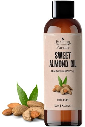 Essican Purelife Cold Pressed Almond Oils 100ml, Pure Sweet Almond Oil for Hair, Carrier Oil for Essential Oils Mixing Ideal for Massage, Moisturising Face, Skin, Ear, Body, Cruelty-Free