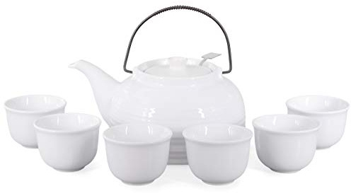 Aricola Teekanne „Nelly“. Moderne Teekanne 1,5 Liter in Weiß aus Keramik mit Edelstahlfilter und 6 Teecups 120ml in Weiß