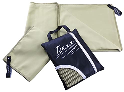 Iseaa 2er Set Mikrofaser Handtücher extrem saugfähig antibakteriell leicht Sporthandtuch Badetuch Saunatuch Strandtuch Yoga Tuch Microfaser Handtuch 100x50cm + 30x50cm Olivgrün