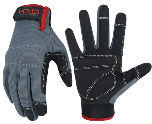 HANDLANDY Mens Work Gloves Touch screen, Synthetic Leather Utility Gardening Gloves, Flexible Breathable Spandex Back- Padded Knuckles & Palm (Large, Grey)