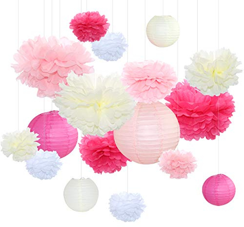 Himeland 17er Set Seidenpapier Pompoms, Papier Lampions Girlande Dekoration Deko für Geburtstage Partys Hochzeiten Baby-Duschen Feste (Rosa Weiß beige)