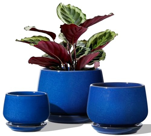 LE TAUCI Blumentopf Keramik, 10+13+16 cm, 3er Set, Saphirblau | Übertöpfe für Zimmerpflanzen mit Abflussloch und Integrierter Untersetzer, Klein Blumentöpfe Set für Regal und Fensterbank